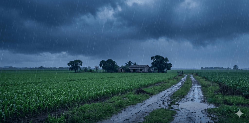 Paisagem rural em um dia de chuva, com nuvens carregadas sobre as plantações. Ao fundo uma pequena casa de campo.