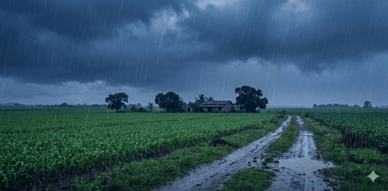 Paisagem rural em um dia de chuva, com nuvens carregadas sobre as plantações. Ao fundo uma pequena casa de campo.