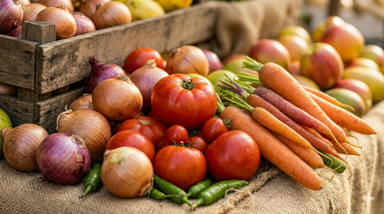 Fotografia de tomates, cebolas e cenouras, com algumas pimentas verdes ao redor.