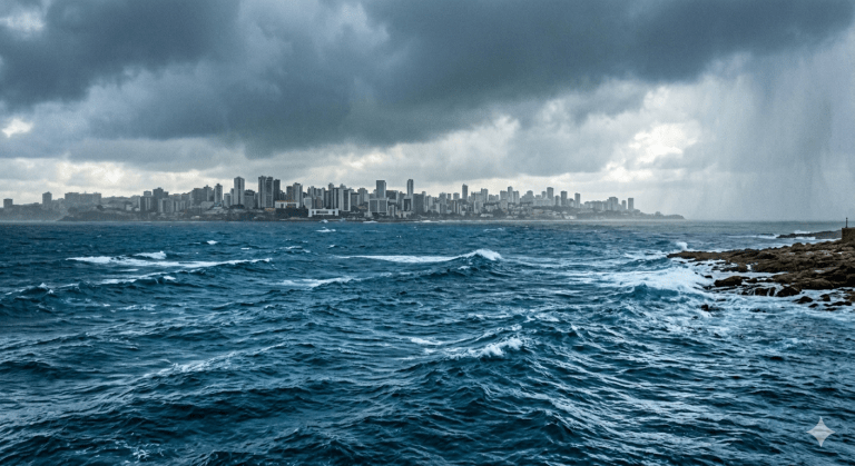 Fotografia colorida mostrando o mar revolto, com prédios da orla de Salvador ao fundo. O clima está nublado, com nuvens carregadas.