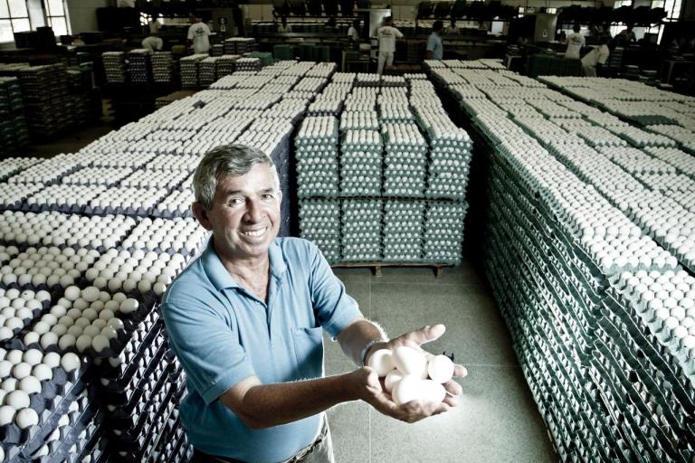 Fotografia colorida mostrando um homem segurando seis ovos nas mãos. Ele é grisalho, usa uma camisa modelo polo azul e sorri para a câmera. Atrás dele, milhares de caixas de ovos empilhadas em um galpão.