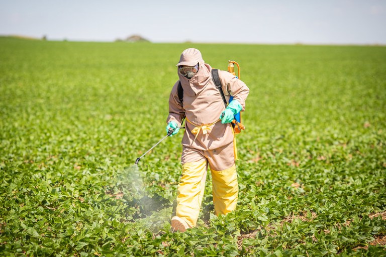 Fotografia colorida que mostra um trabalhador rural aplicando um defensivo agrícola por pulverização em uma plantação. Ele veste macacão bege e amarelo, boné bege, óculos de proteção e luvas verdes.
