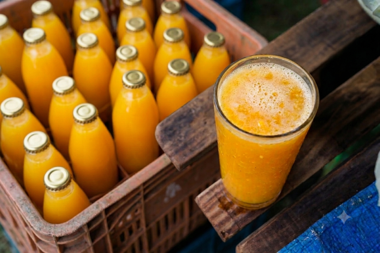 Fotografia colorida mostrando um copo de suco de laranja em cima de uma mesa de ripas de madeira escura. Ao fundo, um engradado de garrafas de suco de laranja.