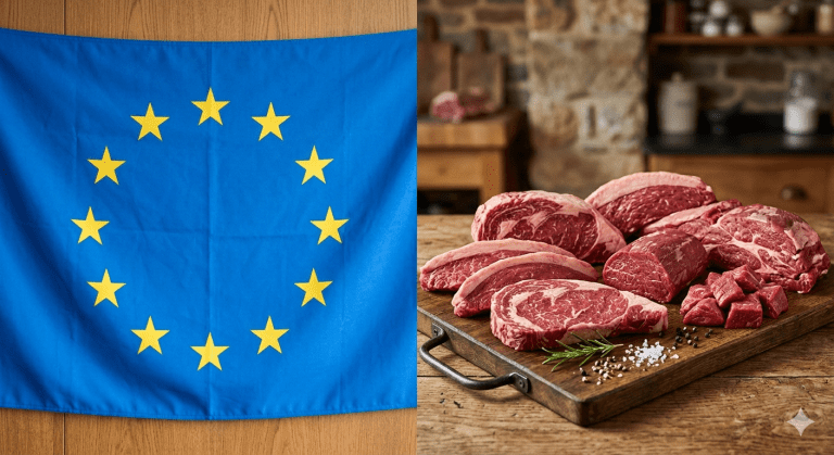 Imagem colorida mostrando a bandeira da União Europeia (Azul com doze estrelas amarelas arranjadas em cículo) e uma tábua com cortes de carne bovina.