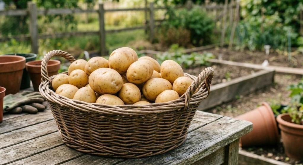Fotografia colorida mostrando uma cesta de palha com batatas inglesas dentro. A cesta está em cima de uma mesa de madeira, e ao fundo, uma pequena horta com vasos de plantas.
